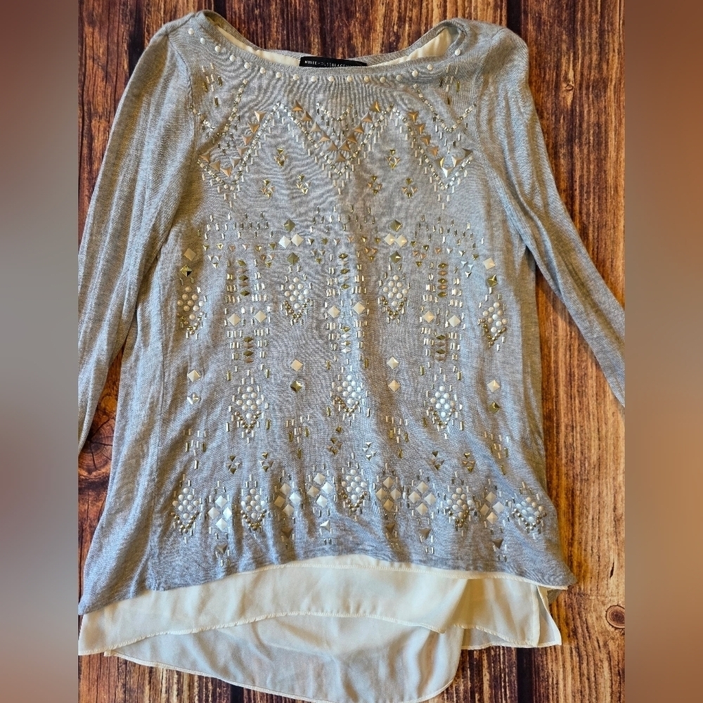White House Black Market Size Medium Gray Embellished jeweled Knit Top Layered - Picture 8 of 12